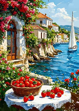 Coastal Village with Strawberries Painting