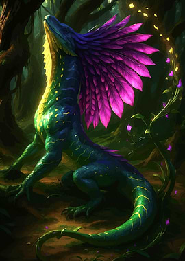 Lizard with Feathered Crest in Forest