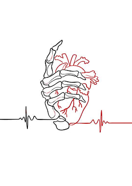 Skeleton Hand Holding Heart Line Art