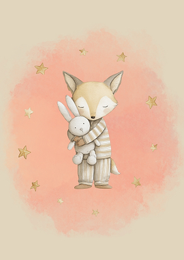 Fox hugging bunny with stars