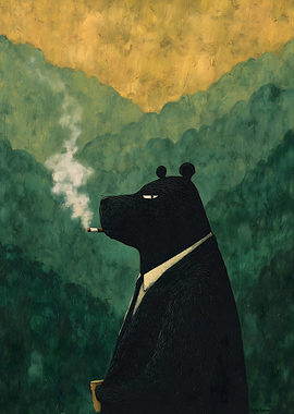 Smoking Bear in Suit Painting