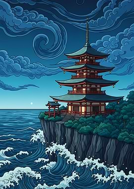 Japanese Pagoda on Cliffside