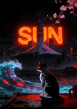 Cyberpunk Cat with Neon Cityscape