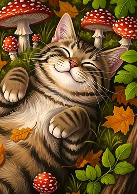 Happy Cat in Mushroom Forest