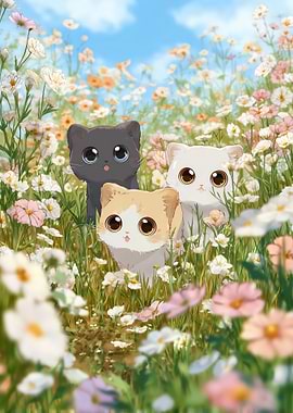 Three Cute chibi Cats in Flower Field