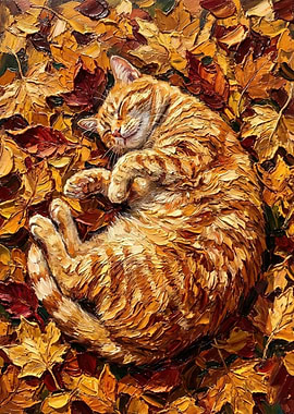 Sleeping Cat in Autumn Leaves Painting