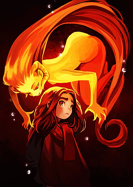 Girl and Fire Spirit Illustration