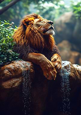 Lion resting near a waterfall