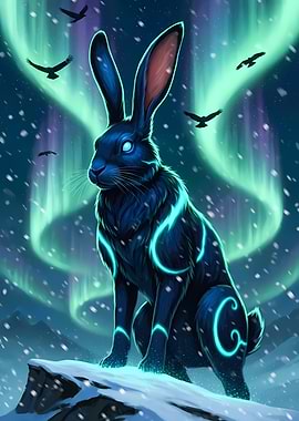 Mystical Rabbit Under Aurora Borealis