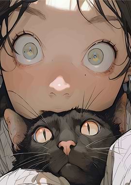 Girl and Black Cat Illustration