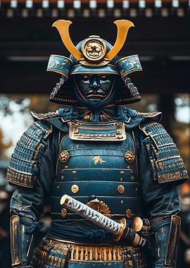 Samurai Warrior in Blue and Gold Armor