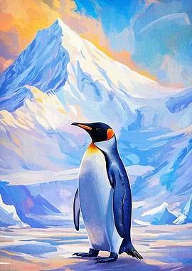Penguin in Snowy Mountain Landscape