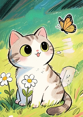 Cute Cat and Butterfly Illustration