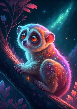 Colorful Baby Slow Loris on Branch with Stars