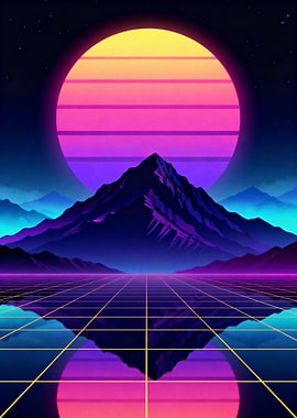 Synthwave Mountain Landscape with Grid