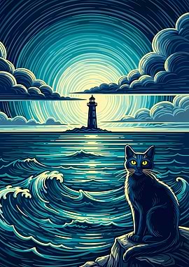 Black Cat Lighthouse Ocean Scene