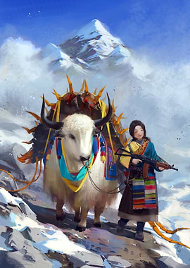 Yak and Armed Woman in Mountains