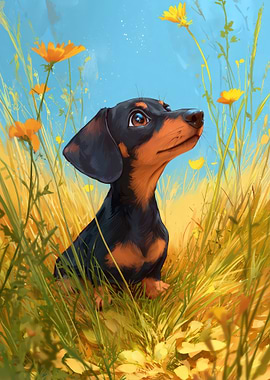 Cute chibi style Dachshund in a Field of Flowers