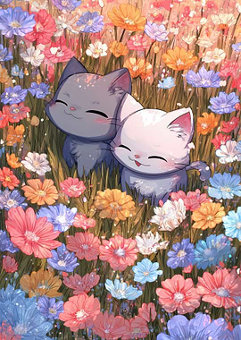 Chibi Cats in a flower field