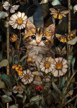 Stained Glass Kitten with Flowers