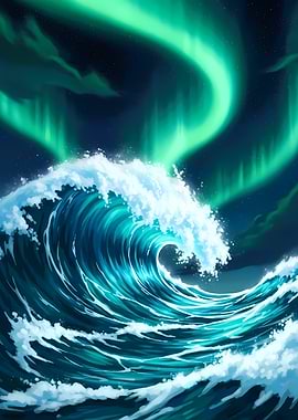 Ocean Wave Under Aurora Borealis