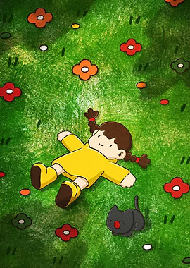 Girl and Cat in Flower Meadow