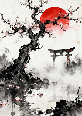 Japanese Ink Painting with Torii Gate