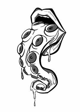 Octopus Tentacle in Mouth Black and White
