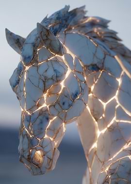Marble Horse Sculpture with Golden Cracks