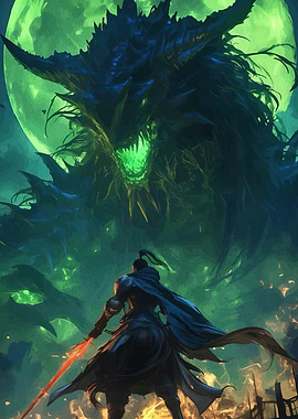 Warrior Facing a Monster Under Moonlight