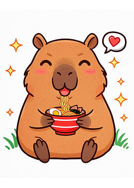 Capybara eating ramen cartoon illustration