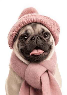 Cozy Pug with Hat and Scarf