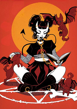 Devil Girl Reading with Bat-Dogs