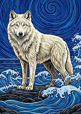 White Wolf on Rocks by the Sea