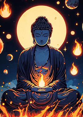 Buddha Meditation in Space with Fire