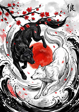 Wolf Yin Yang Cherry Blossoms