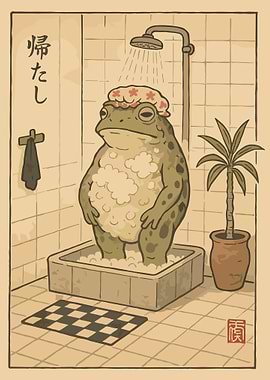 Frog in Shower Poster Funny Frog Bathroom Wall Art Cute Cartoon Bath Print