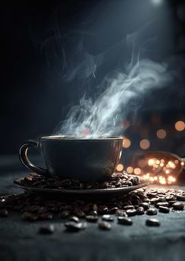 Steaming Coffee Cup with Coffee Beans