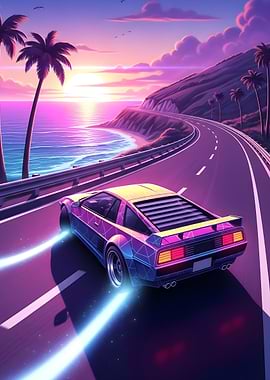 Retro Car on Coastal Road