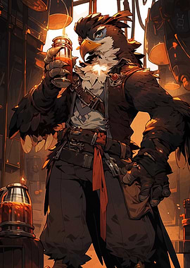 Anthropomorphic Hawk Character with Drink