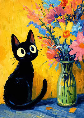 Black Cat and Flowers Painting