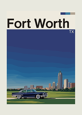 Vintage Travel Fort Wort Texas Cityscape