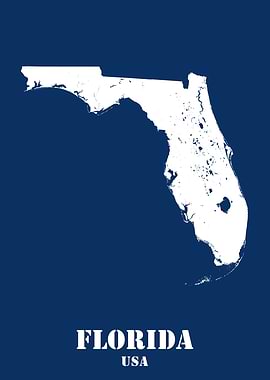Florida USA State Minimalist White Topographic Contour Relief Map featuring terrain on navy blue background