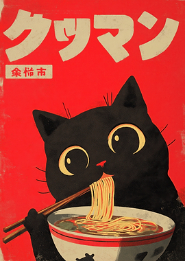 Black Cat Eating Ramen