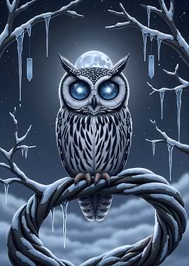 Winter Owl with Glowing Blue Eyes
