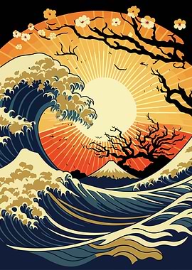 Japanese Wave Art with Mount Fuji