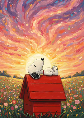 Snoopy on Doghouse with Colorful Sky