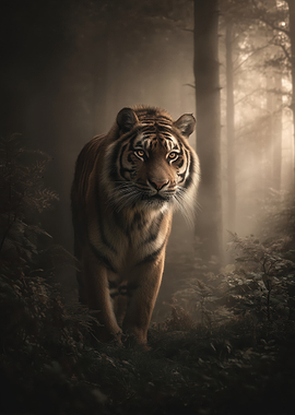 Tiger in Misty Forest