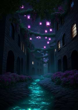 Nighttime Cityscape with Glowing River