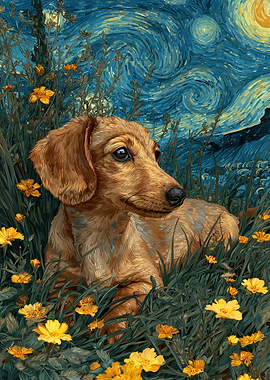 Dachshund in a Van Gogh Landscape